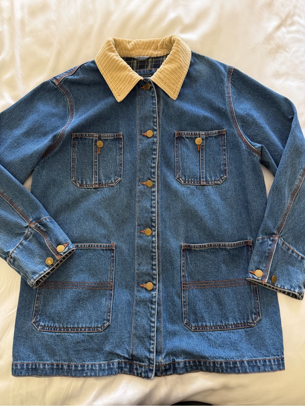 Vintage Outbrook Denim Chore Coat with Corduroy Collar & Flannel Lining Large